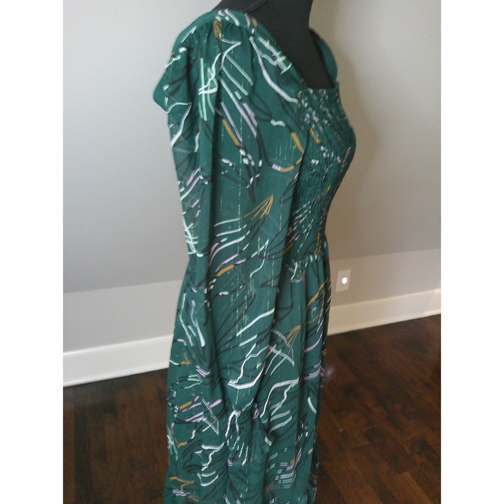 Nine West Dress Womens Med Green NWT Abstract Smocked Metallic Midi WW14Y312RP1 - Picture 2 of 8